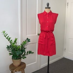 Red L’ Academic button down dress with waist tie.